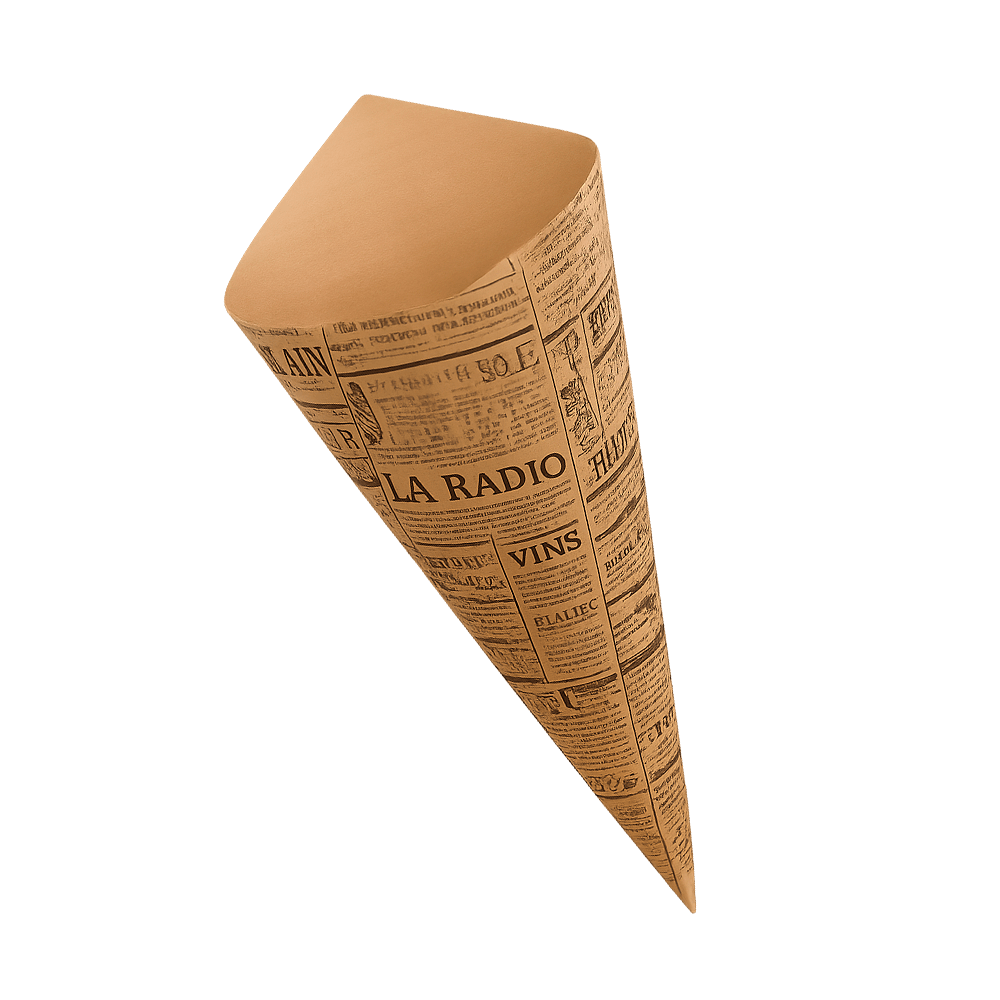 Cône pour frites en papier ingraissable avec motif journal – emballage alimentaire pratique et écologique