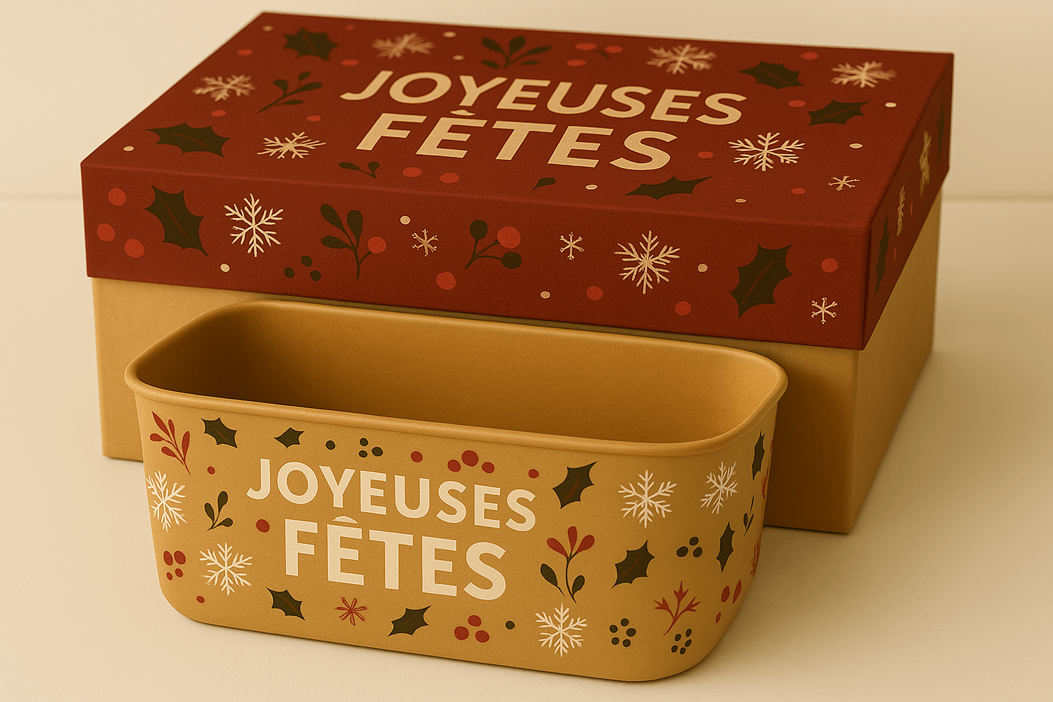 Boîte et bol en carton kraft personnalisés pour Noël, ornés de motifs festifs rouges et verts avec l’inscription “Joyeuses Fêtes”.