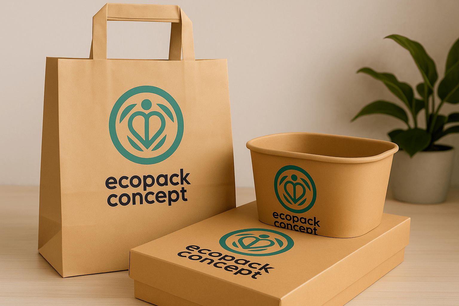 Sacs, boîtes et bols en kraft personnalisés avec le logo Ecopack Concept, illustrant des emballages alimentaires durables et esthétiques pour professionnels de la restauration.