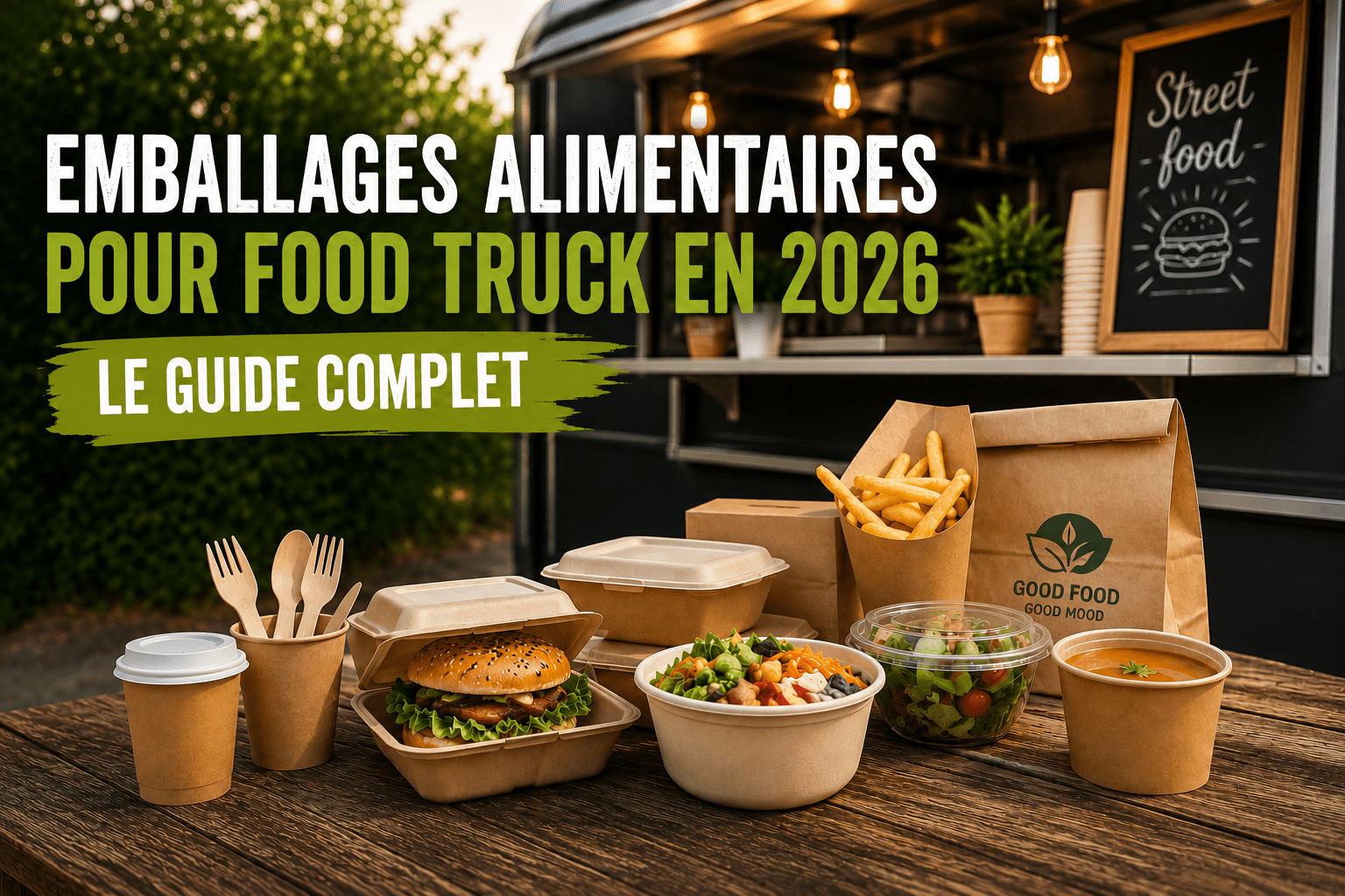 Packaging alimentaire écologique pour food truck avec emballages kraft, bagasse et contenants de vente à emporter sur une table devant un food truck.