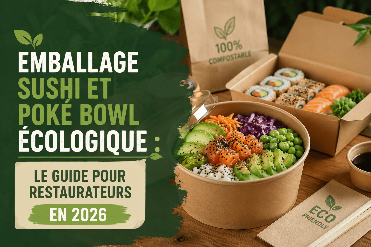 Poké bowl et sushis présentés dans des emballages alimentaires écologiques en kraft, illustration du guide 2026 sur les emballages durables pour les restaurateurs.
