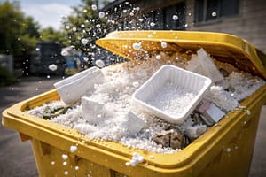 Benne jaune remplie de déchets en polystyrène expansé (PSE) avec barquettes alimentaires et billes de polystyrène destinées au recyclage