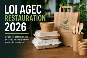 Illustration loi AGEC restauration 2026 avec emballages écologiques et solutions durables pour les professionnels