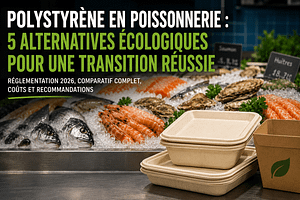 Alternatives écologiques au polystyrène en poissonnerie avec emballages bagasse et fruits de mer