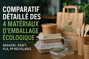 Comparatif des matériaux d'emballage écologique : contenants en bagasse, emballages kraft, emballages PLA et contenants PP recyclables utilisés pour la restauration et la vente à emporter.