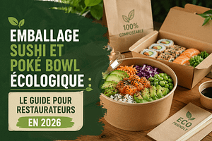 Poké bowl et sushis présentés dans des emballages alimentaires écologiques en kraft, illustration du guide 2026 sur les emballages durables pour les restaurateurs.
