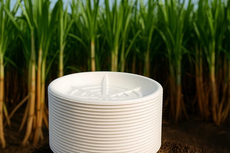 Une pile de plateaux blancs en bagasse, posée sur un sol naturel, se détache sur un arrière-plan de cannes à sucre vertes, illustrant le lien direct entre l’origine végétale de la matière et son utilisation en emballage durable.