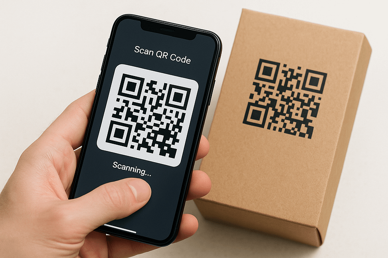 Smartphone scannant un QR Code imprimé sur une boîte en kraft, illustrant un packaging connecté et interactif pour professionnels, proposé par Ecopack Concept