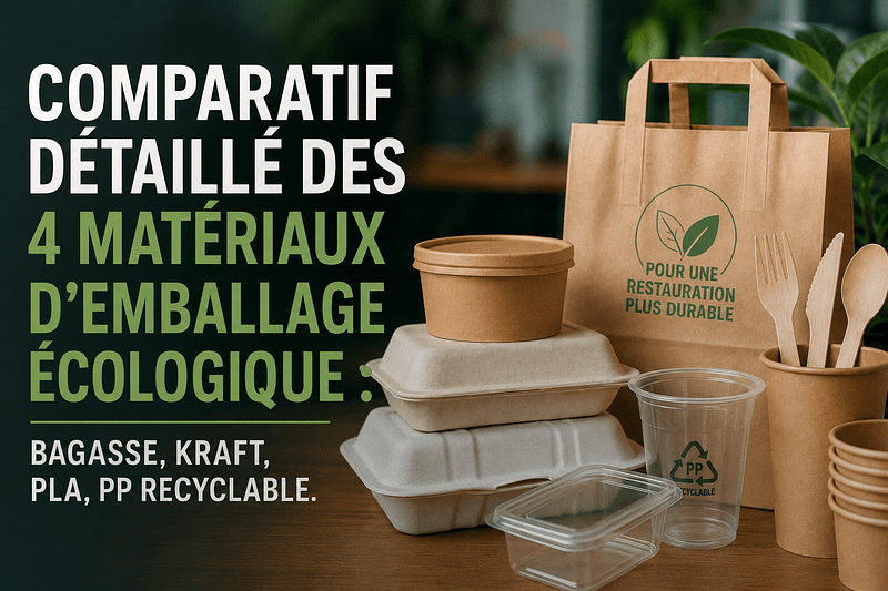 Comparatif des matériaux d'emballage écologique : contenants en bagasse, emballages kraft, emballages PLA et contenants PP recyclables utilisés pour la restauration et la vente à emporter.