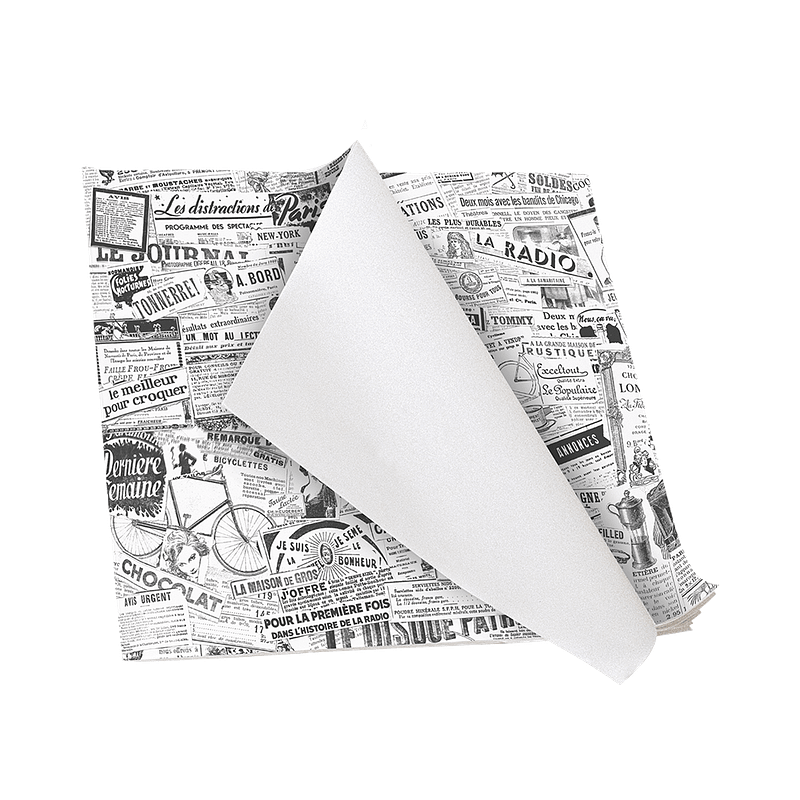 Feuille de papier alimentaire ingraissable 300x300 mm avec motif journal – emballage recyclable Ecopack Concept