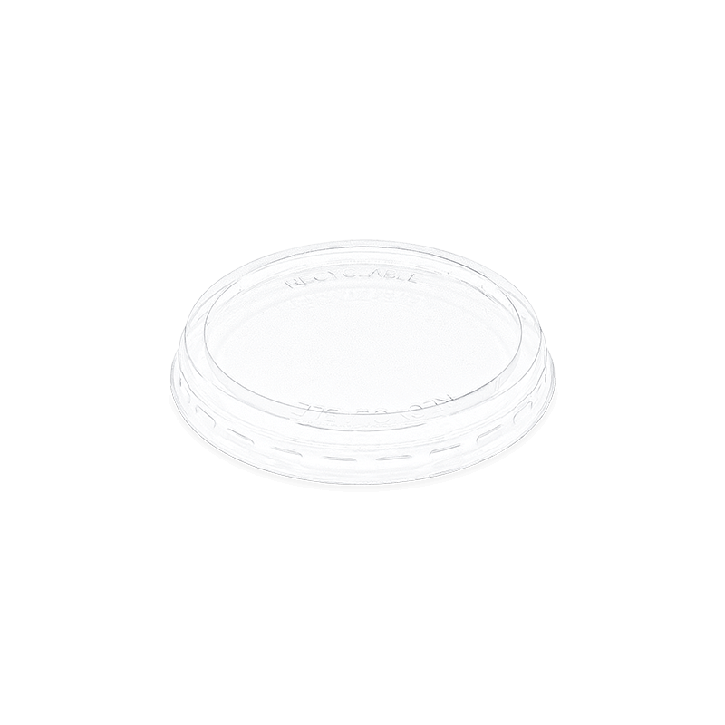 Couvercle rentrant et bombé en PET cristal transparent, adapté aux pots TUSIPACK, parfait pour plats avec garniture ou préparations volumineuses, fermeture hermétique, solide et recyclable pour la vente à emporter et la restauration.
