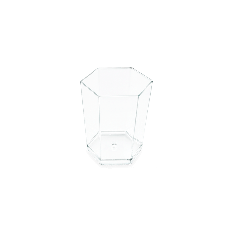 Verrine hexagonale 5 cl en polystyrène cristal transparent, idéale pour amuse-bouches, desserts et buffets traiteur